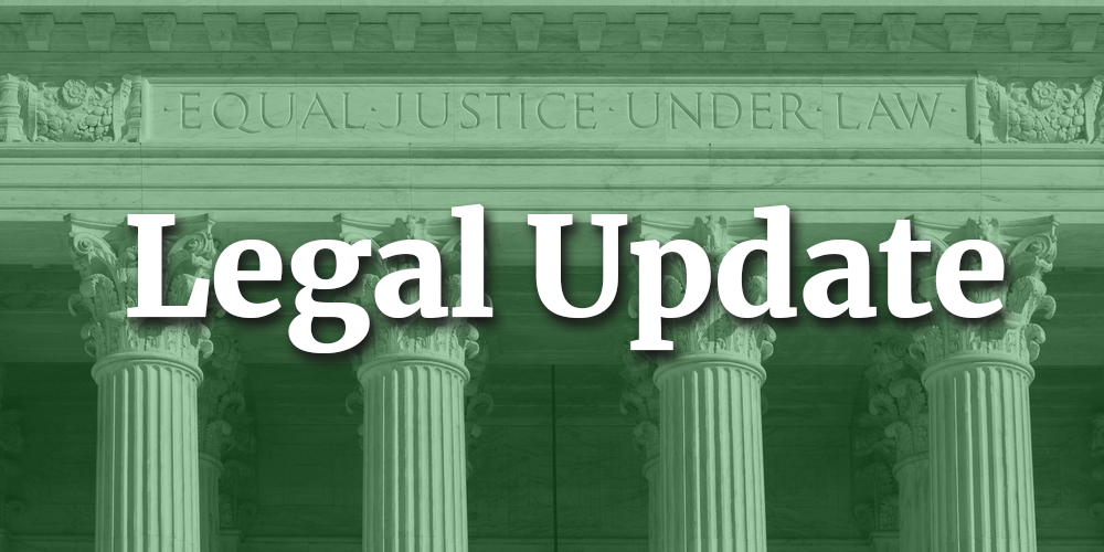 Banner showing green-tinted courthouse columns with the title 'Legal Update' in bold white letters.
